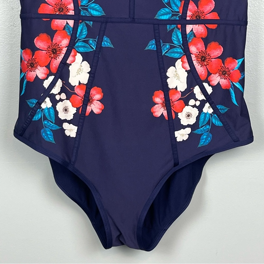 City Chic Navy One-Piece Swimsuit with Red, White & Teal Floral Print - Picture 4 of 12